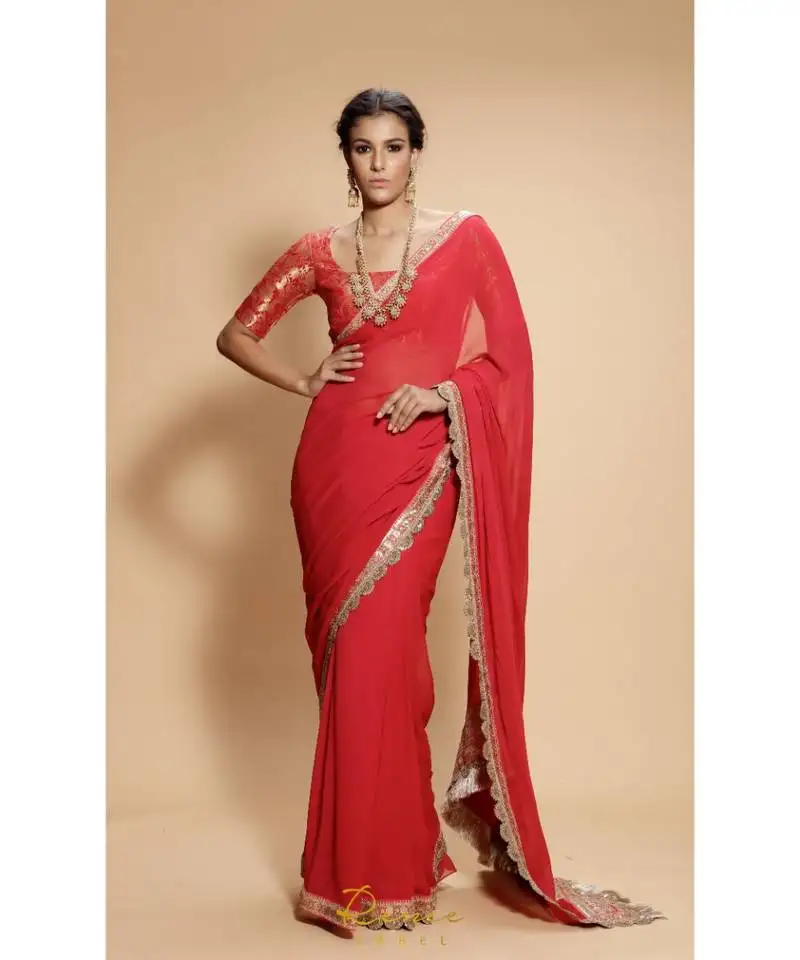 Red plain georgette saree with blouse