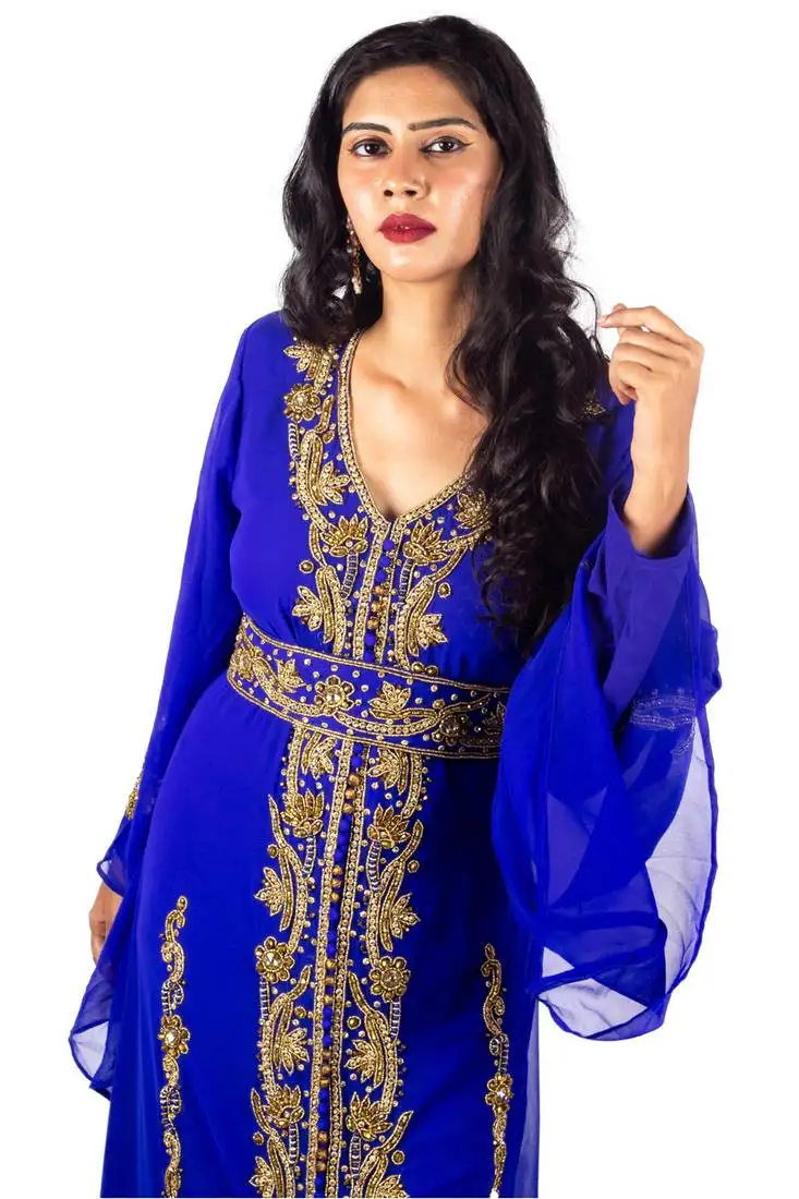 Royal blue copper beads luxurious moroccan kaftan with sun-proof hijab.