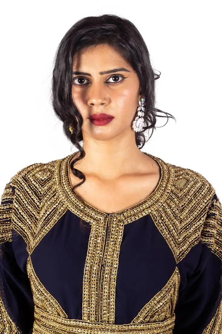 Navy blue diamond design luxurious moroccan kaftan with sun-proof hijab.