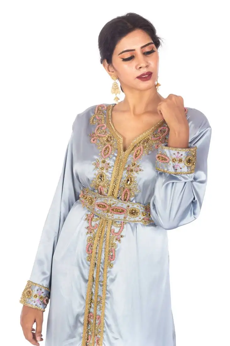 Pastel blue satin luxurious moroccan kaftan