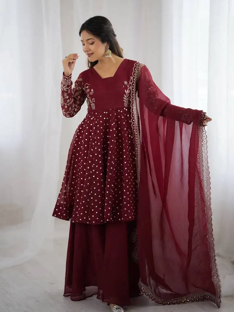 Maroon embroidered straight suit set stitched