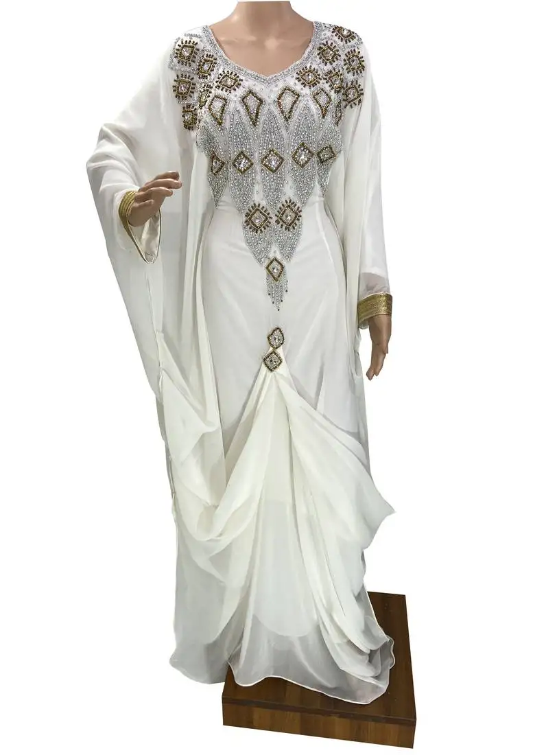 White georgette moroccan islamic dubai kaftan farasha zari and stone work dress