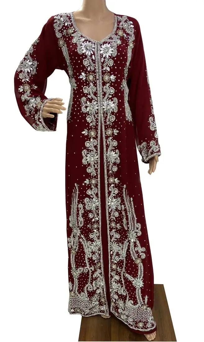 Maroon georgette moroccan islamic dubai kaftan farasha zari and stone work dress