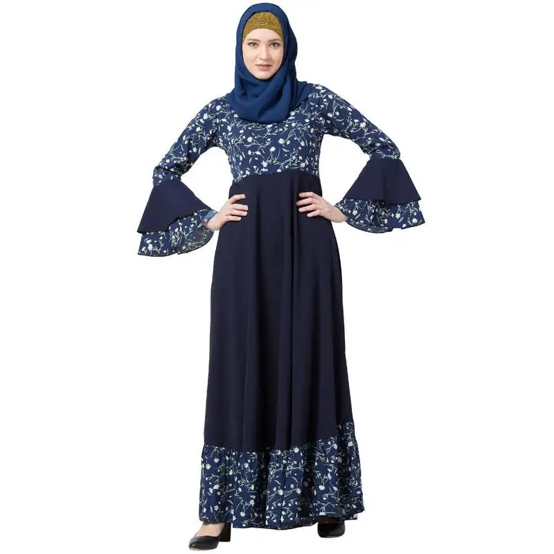 Printed frilled abaya- navy blue