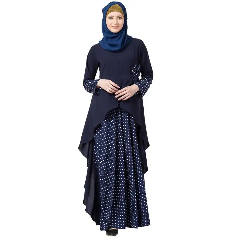 Polka dotted asymmetrical dress abaya- navy blue