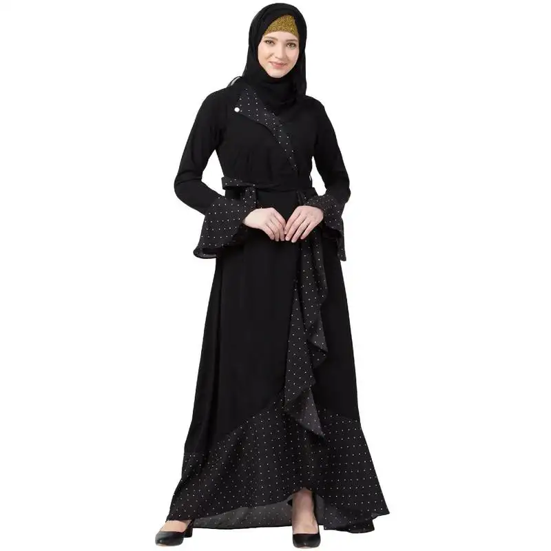 Designer polka dotted abaya- black