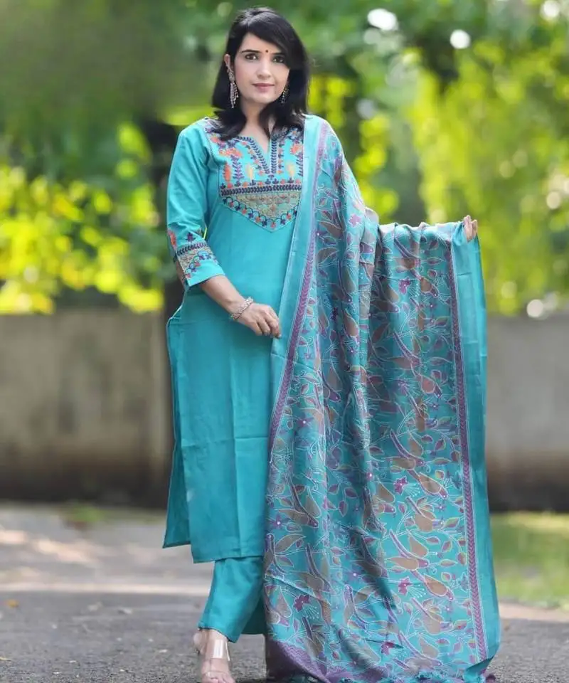 Blue embroidery cottan a-line kurta with trousers & dupatta