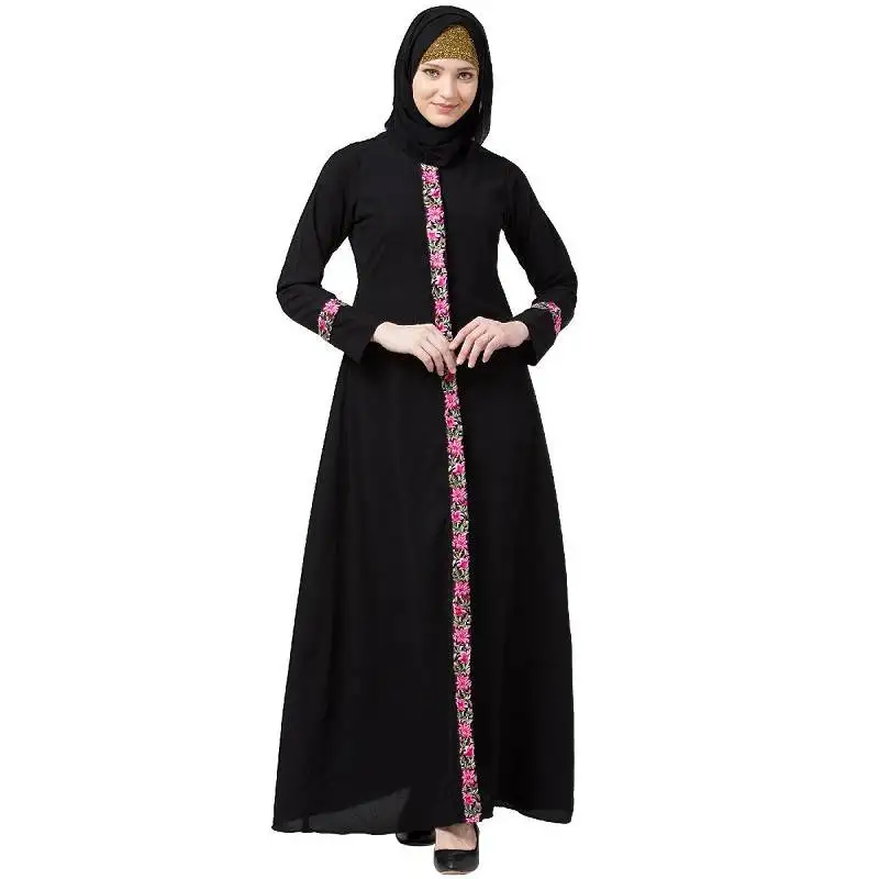 Elegant front open abaya with embroidery work- black