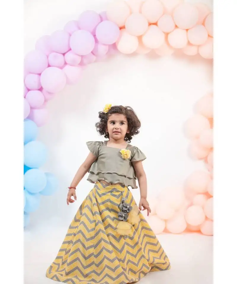 Grey and yellow printed lehenga for girls