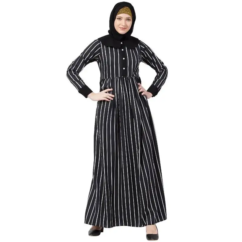 Black and white striped abaya with baby collar