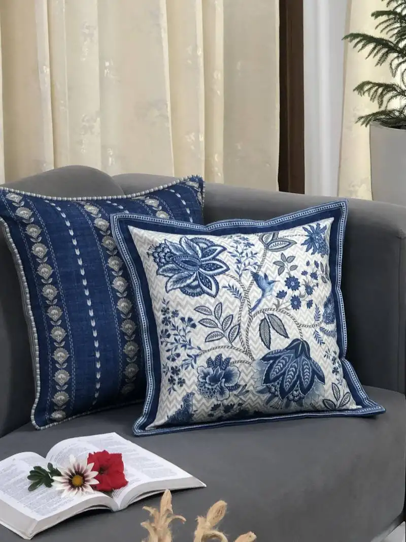 Blue cotton blend cushion cover, floral pillow 16x16, decorative cushion, sofa decor, housewarming gift