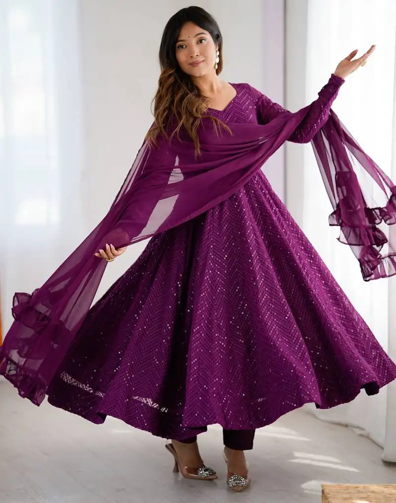 Designer peach embroidered anarkali dress with ruffle dupatta ethnic wear for women stitched