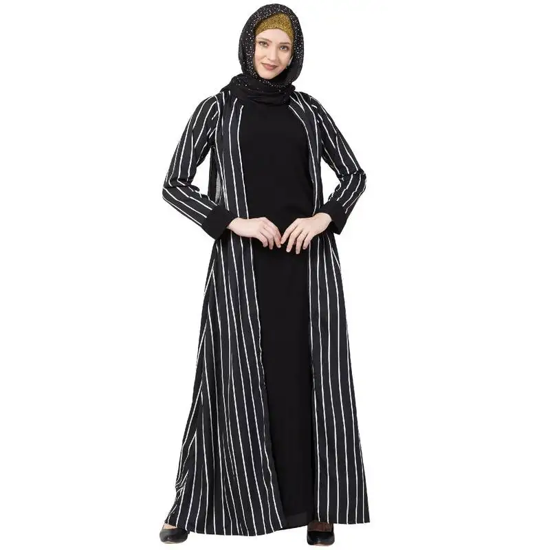 Being traditional abaya – double layered, striped pattern full sleeve, crepe black
