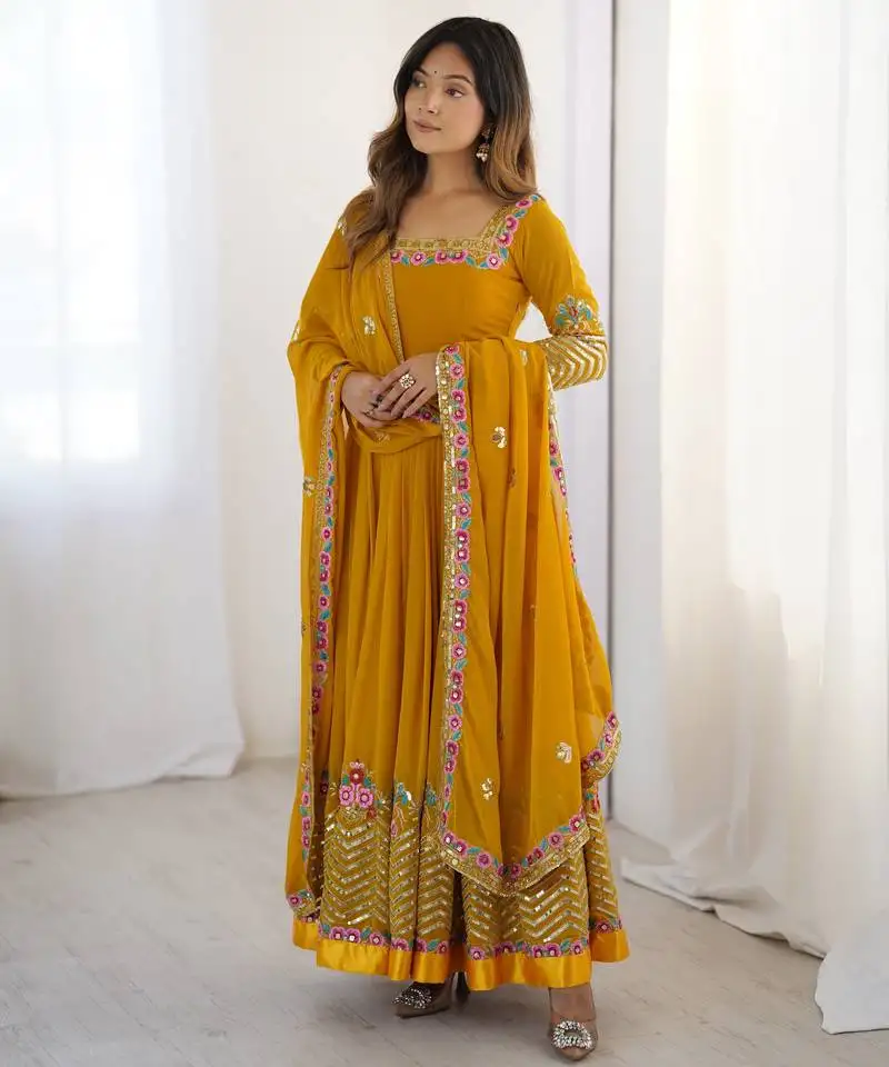 Mustard elegant embroidered sequence designer anarkali three piece set stitched