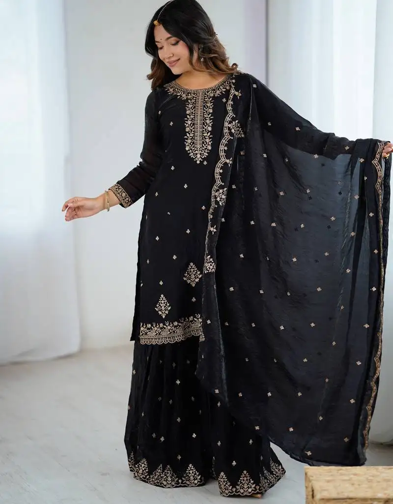 Black georgette embroidered suit set with dupatta | elegant partywear salwar kameez stitched