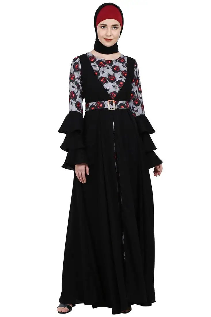 Umbrella abaya with digital rose print