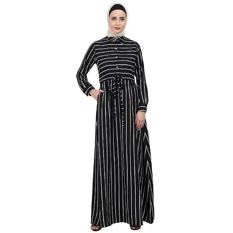Striped abaya with collar- black-white