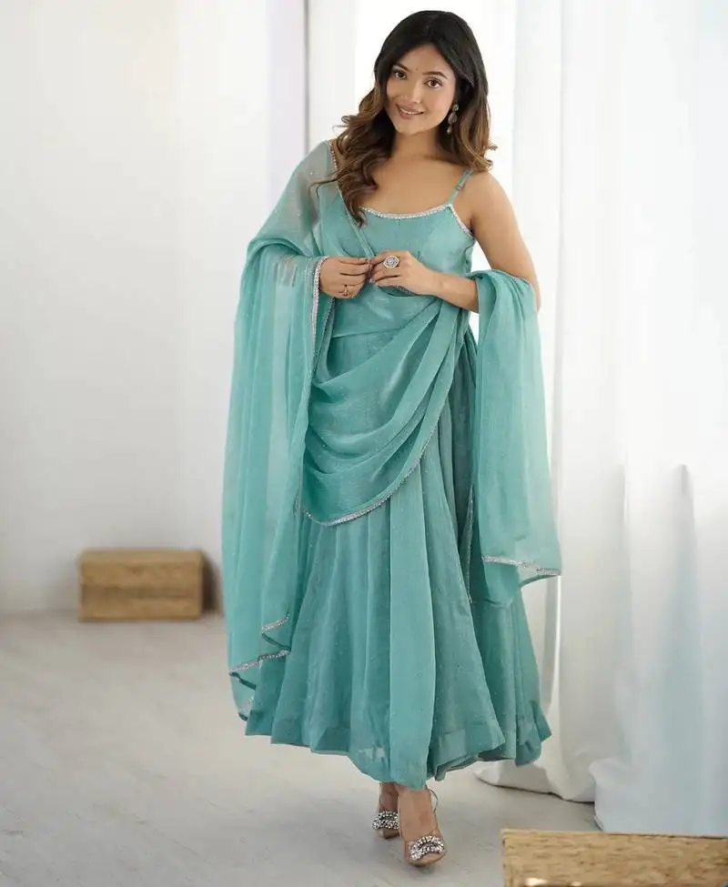 Crunchy silk fabric with diamond work kali pattern anarkali kurti with dupatta set stitched