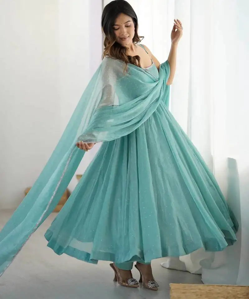 Aqua blue anarkali suit with dupatta stitched