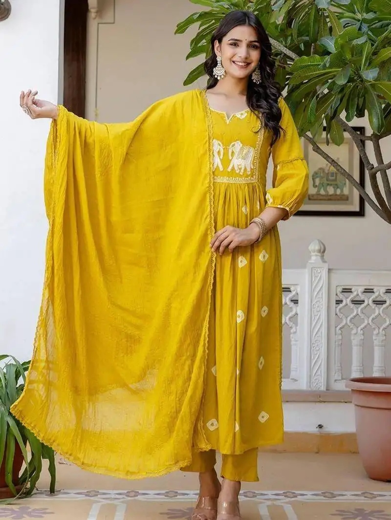 women ethnic motifs embroidered cotton anarkali kurta with trousers & dupatta