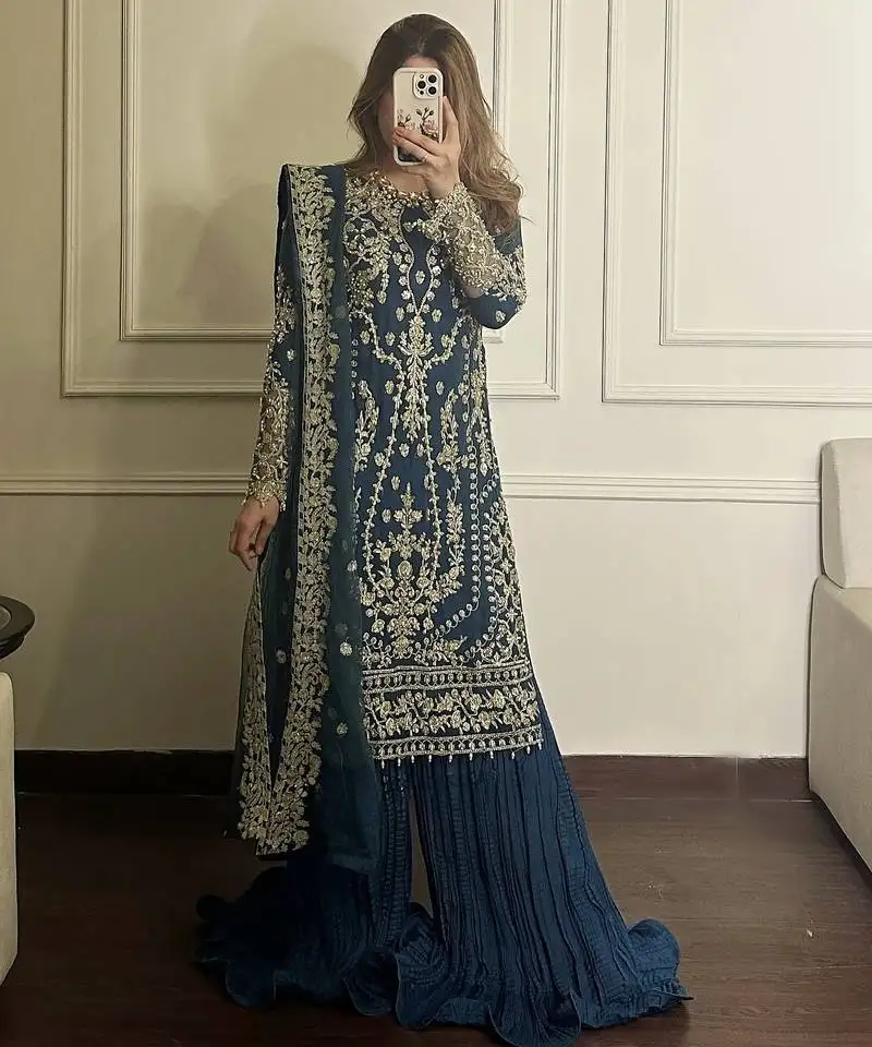 Teal faux georgette embroidered suit set stitched