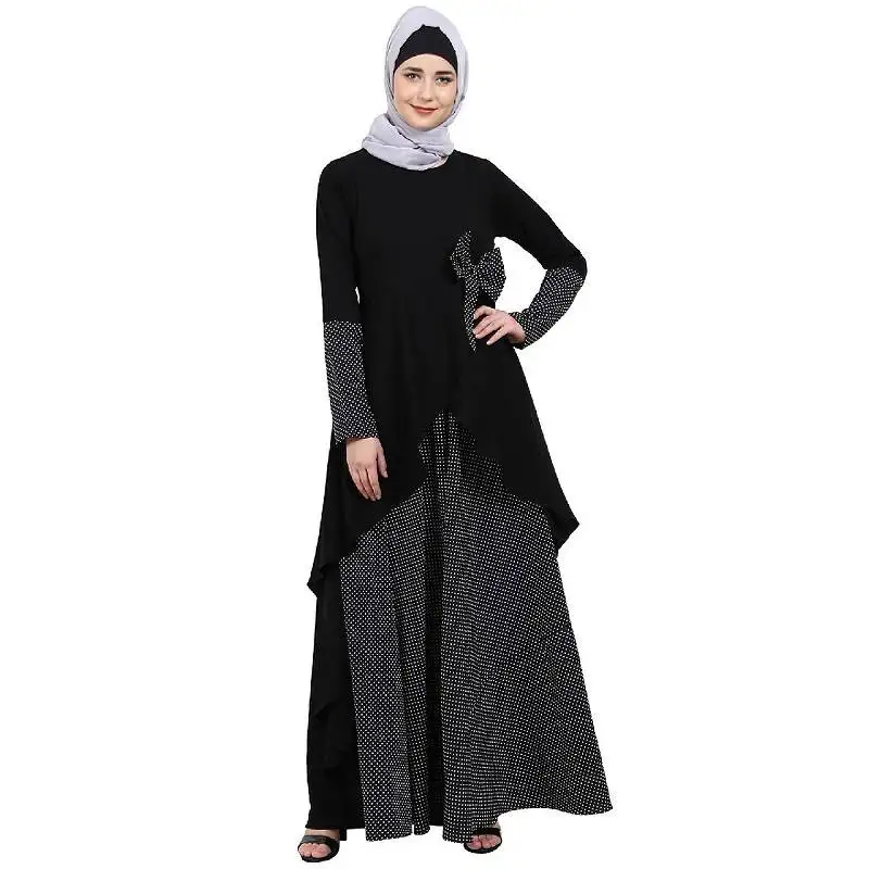 Polka dotted asymmetrical dress abaya- black