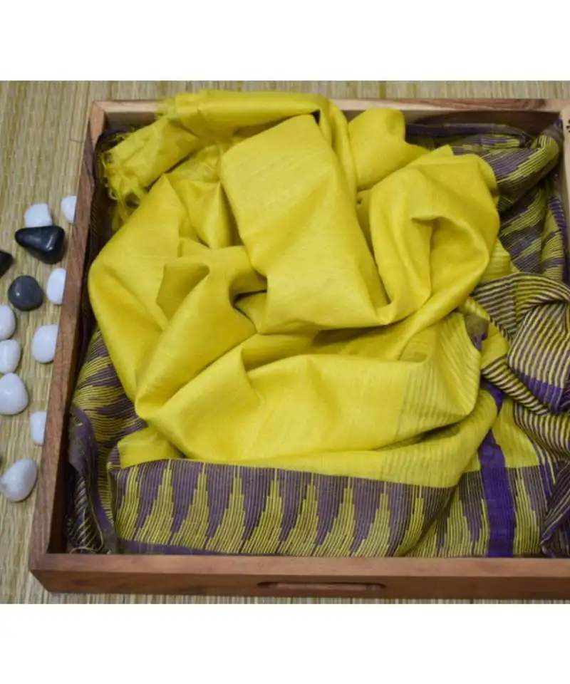 Yellow hand woven poly silk handloom sarees