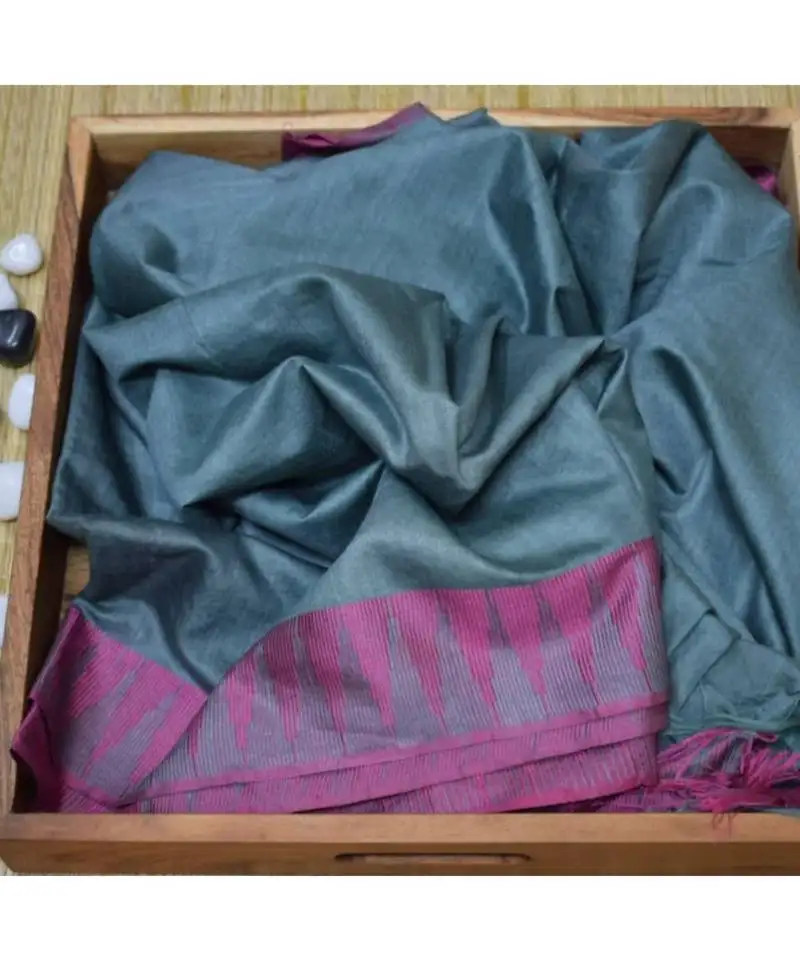 Grey hand woven poly silk handloom sarees