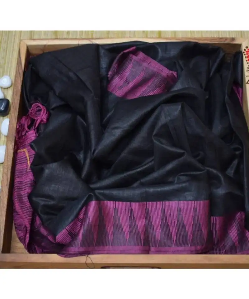 Black hand woven poly silk handloom sarees
