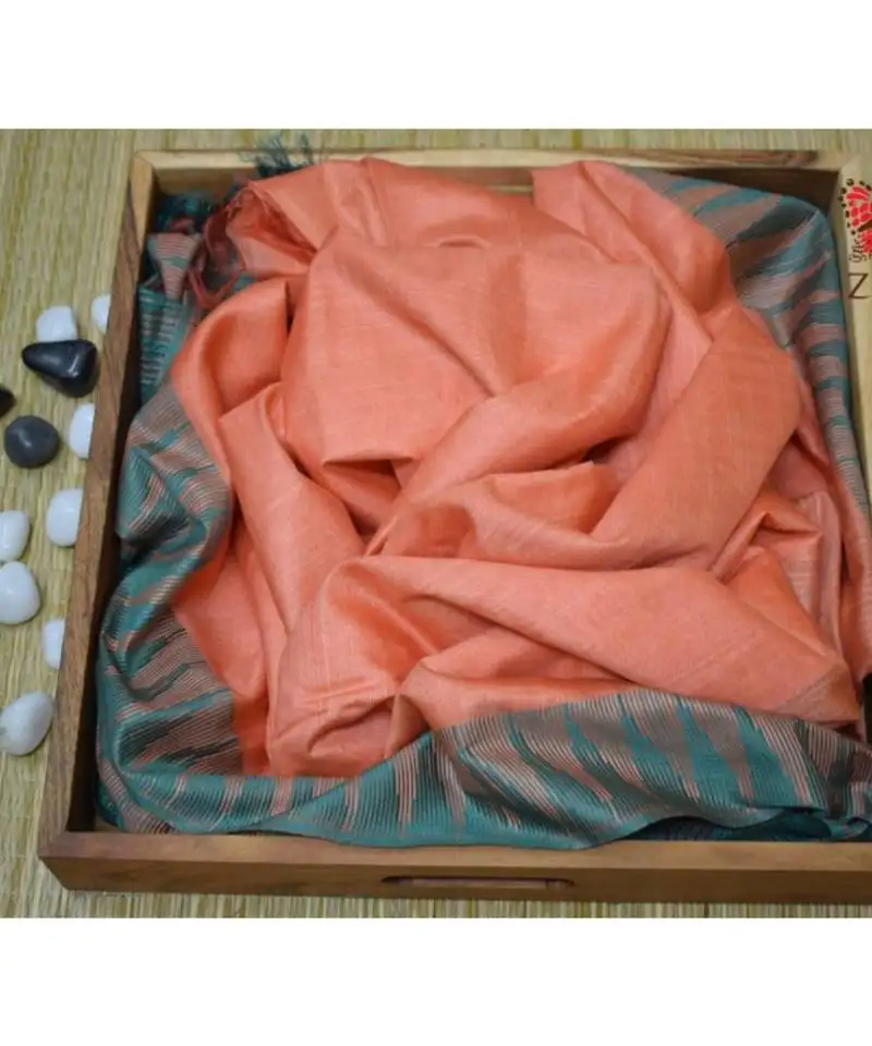 Light orange hand woven poly silk handloom sarees