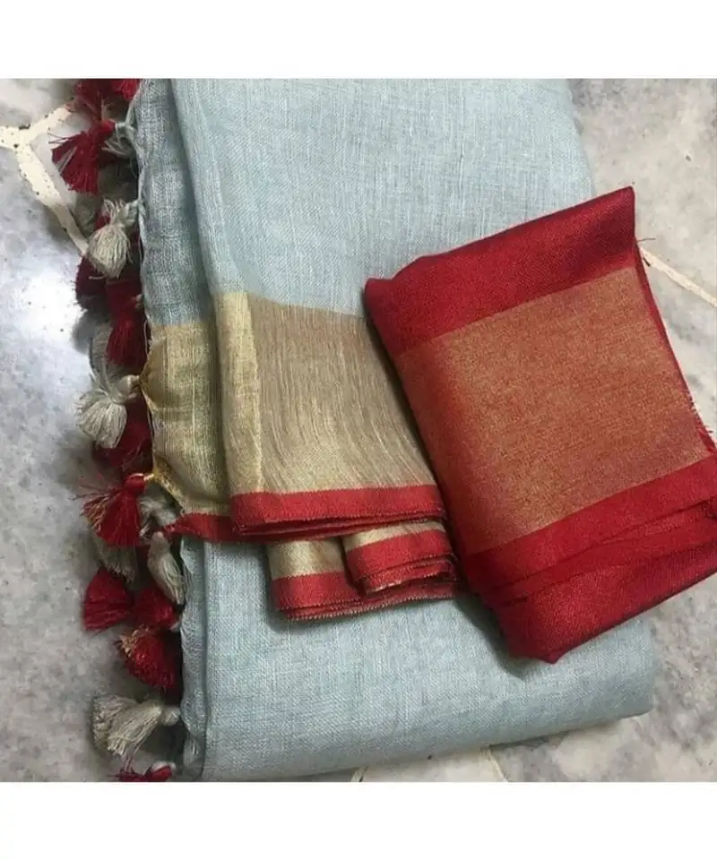 Light grey woven linen saree with blouse