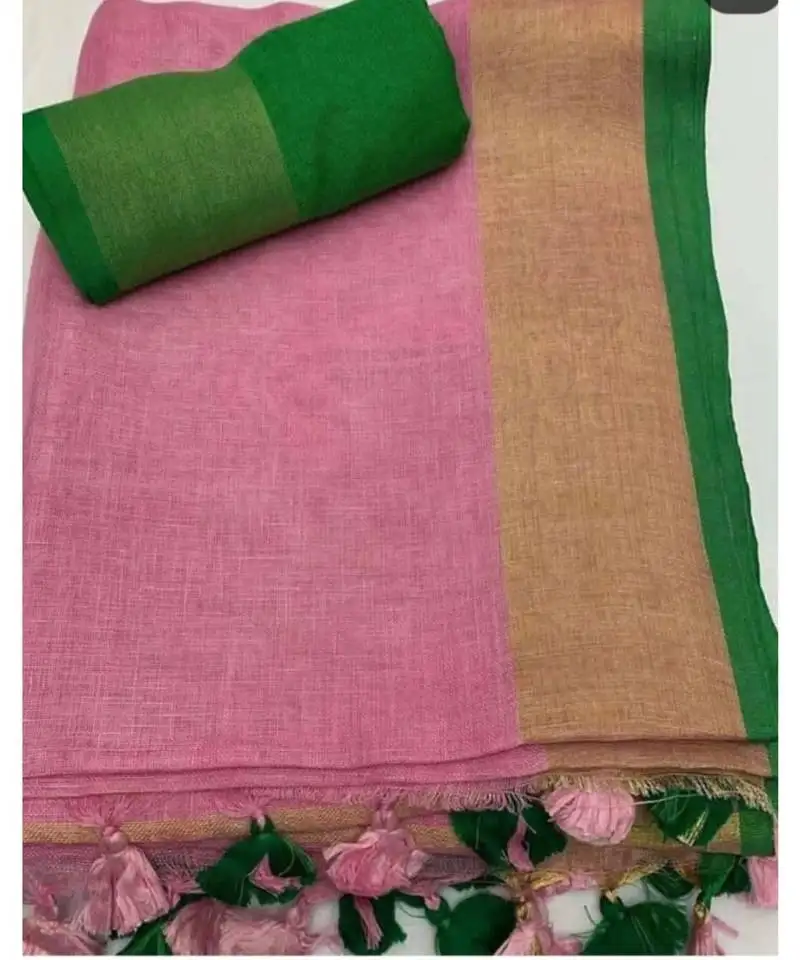 Light pink woven linen saree with blouse
