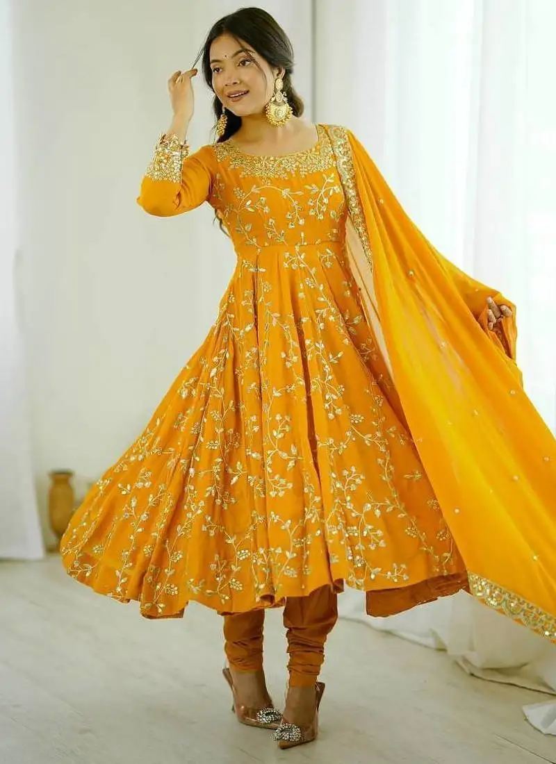 Yellow women's ethnic anarkali gown set stitched