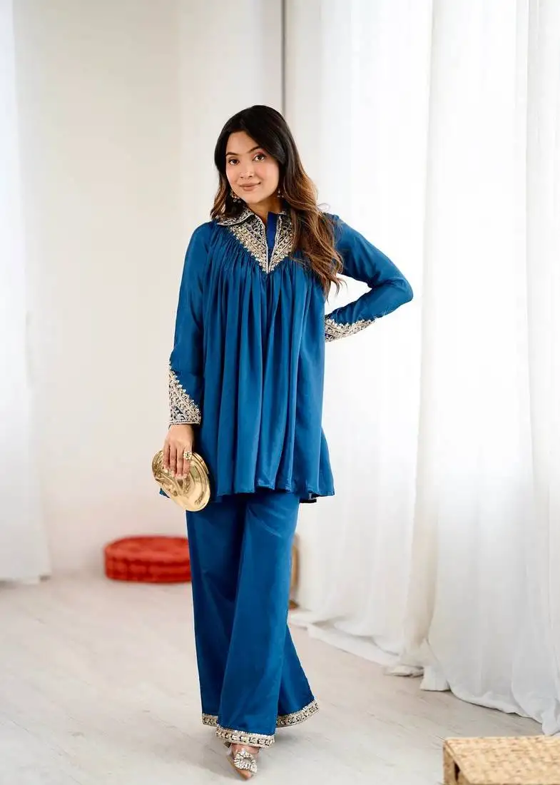 Blue plain chinon co-ord set stitched