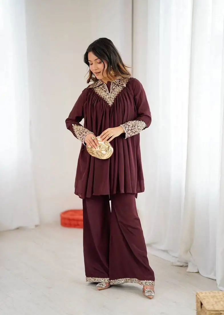 Maroon embroidered co ord set stitched