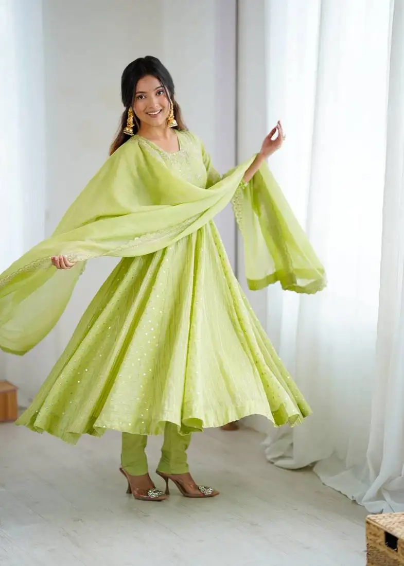 Green embroidered anarkali suit set stitched