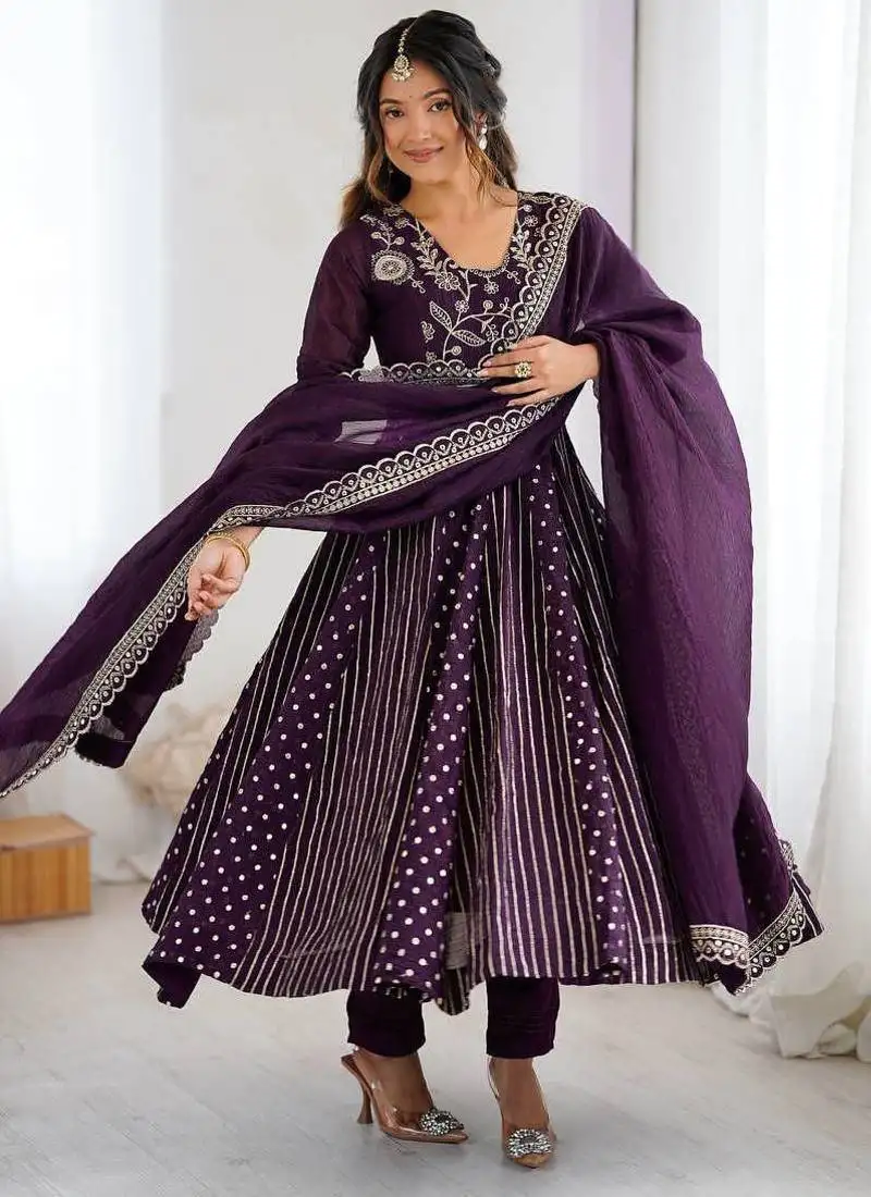 Purple sequin embroidered anarkali gown set stitched