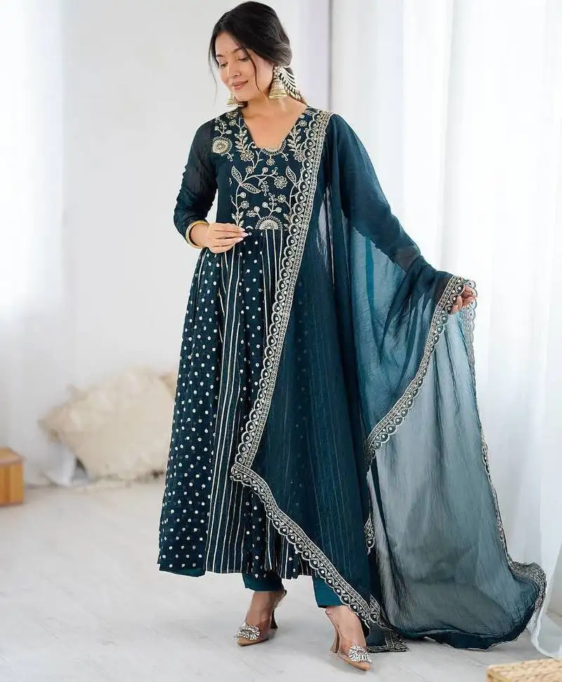 Black embroidered anarkali suit set stitched