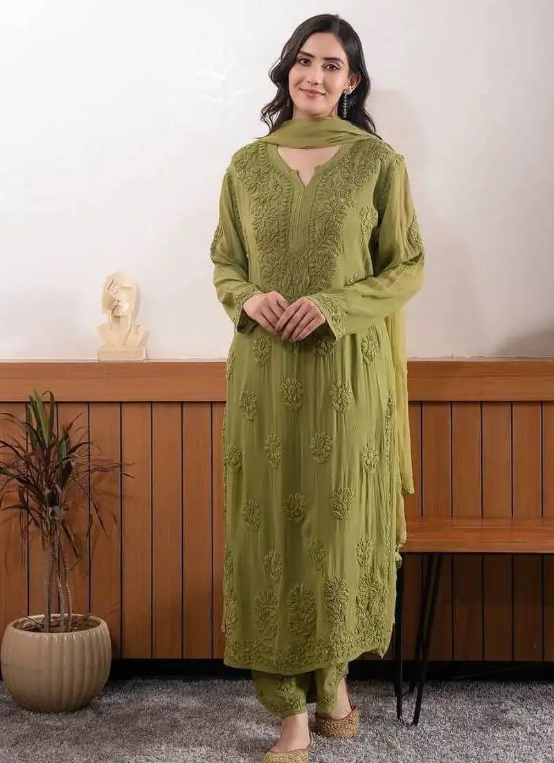 Olive green embroidered georgette suit with dupatta stitched