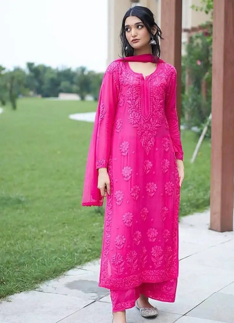 Pink faux georgette embroidered heavy kurta palazzo with dupatta stitched