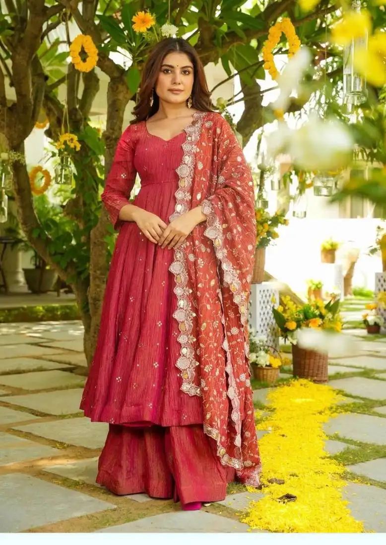 Red anarkali suit set stitched