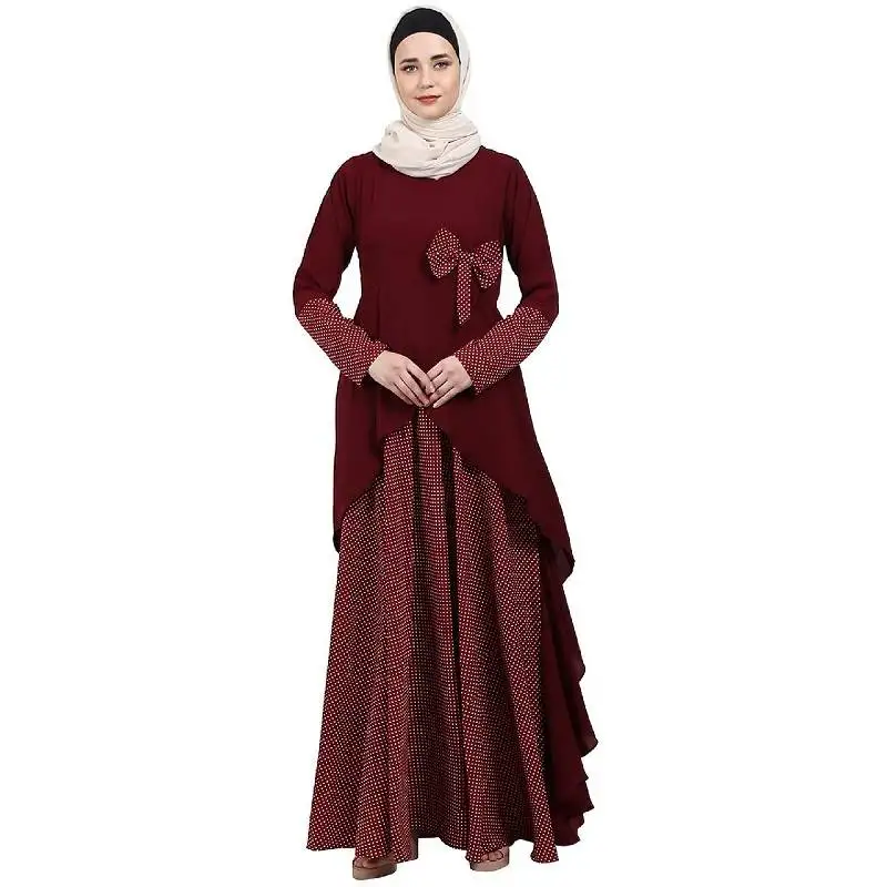 Polka dotted asymmetrical dress abaya- maroon