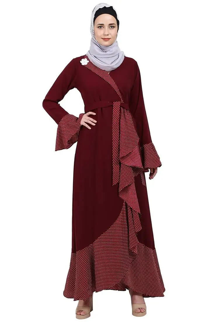 Designer abaya with polka dotted frills- maroon