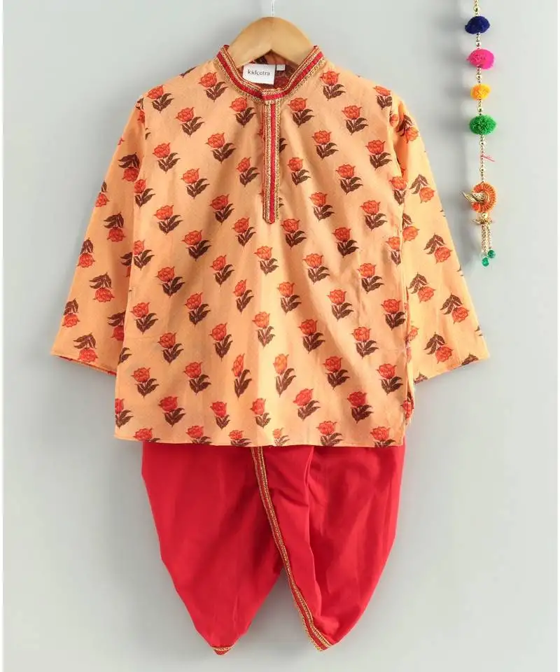 Peach kurta with red dhoti