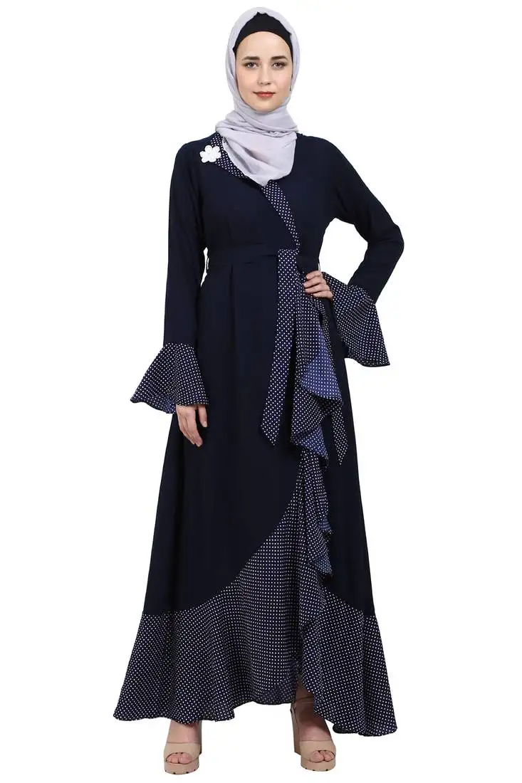 Designer abaya with polka dotted frills- navy blue