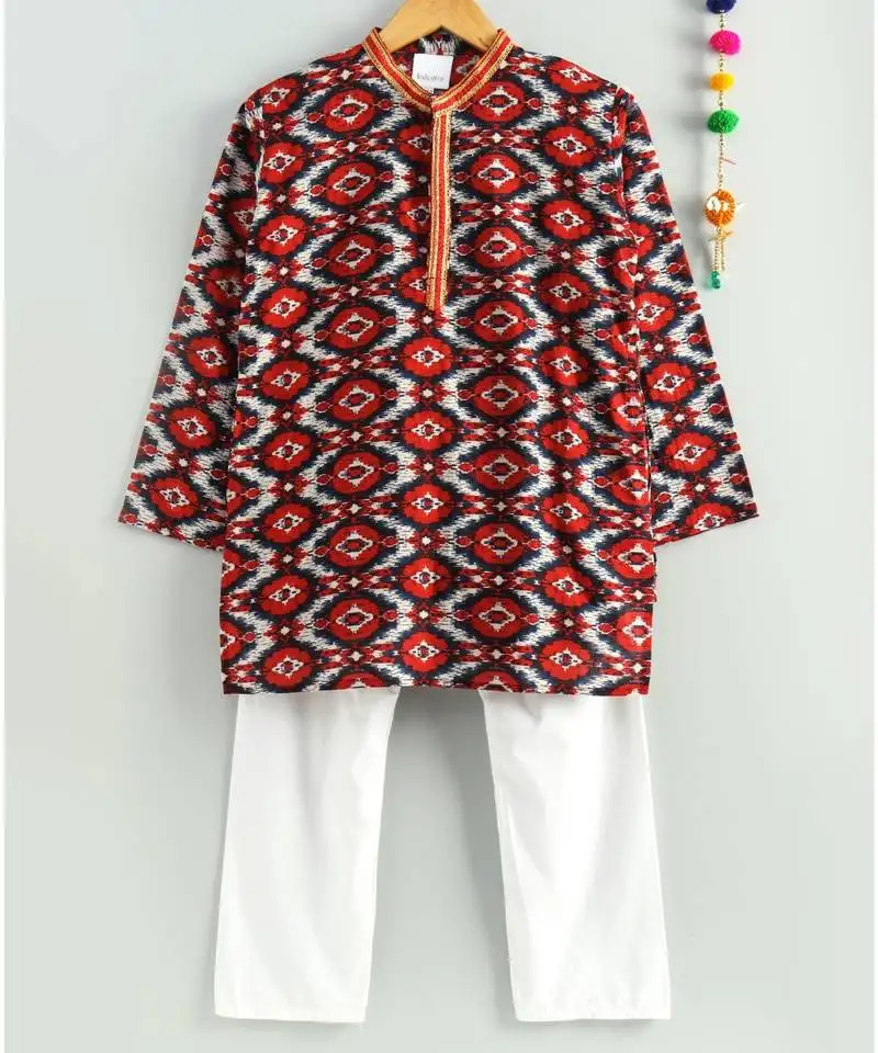 Red ikkat print kurta with a white pajama