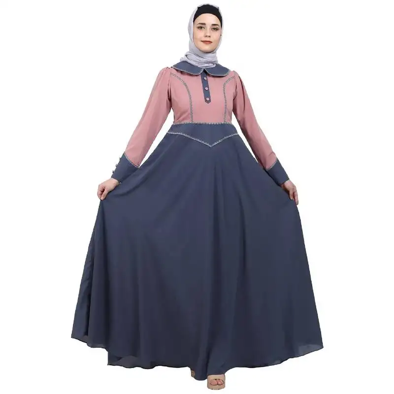 Dual colored abaya with baby collar- pink-grey