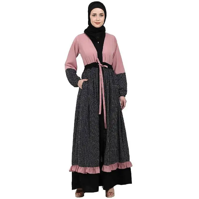 Classic front open abaya with polka dot- pink-black