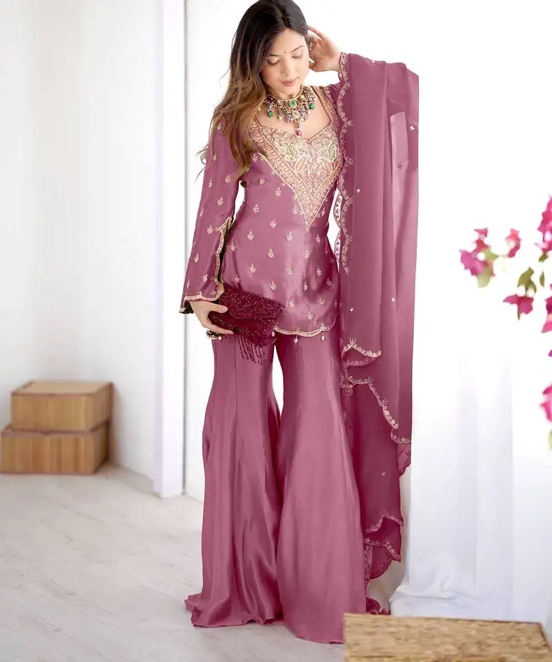 Women's pink silk party wear sharara suit set with embroidery work stitched