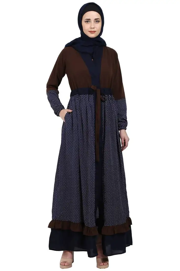 Classic front open abaya with polka dot- coffee-navy blue